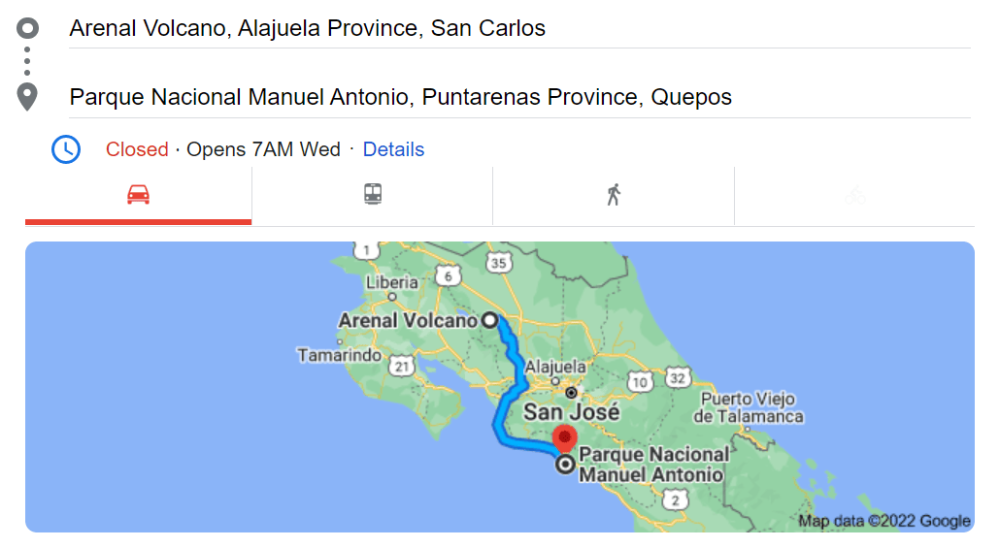 Map to get from Arenal to Manuel Antonio in Costa Rica