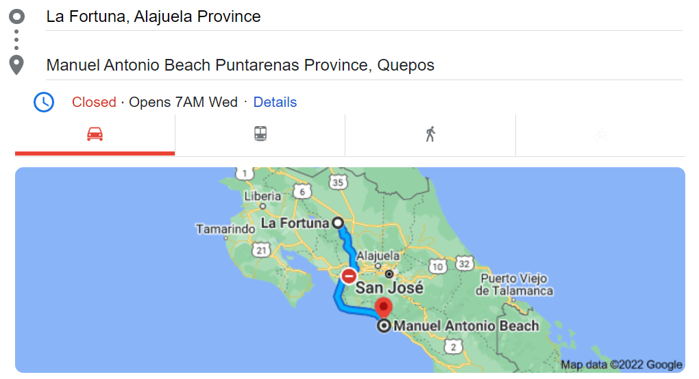 Map to get from La Fortuna to Manuel Antonio in Costa Rica