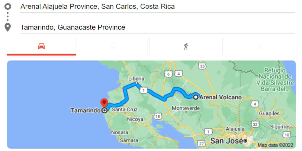 Map for getting from Arenal to Tamarindo in Costa Rica