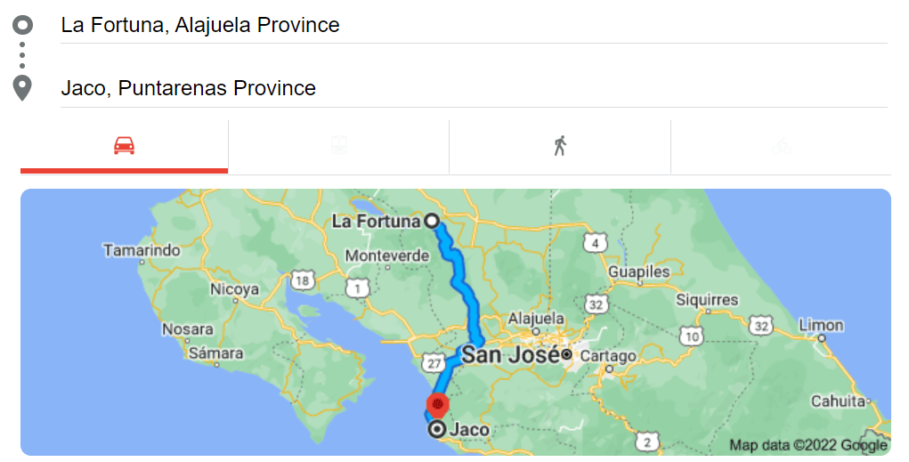 Map to get from La Fortuna to Jaco in Costa Rica