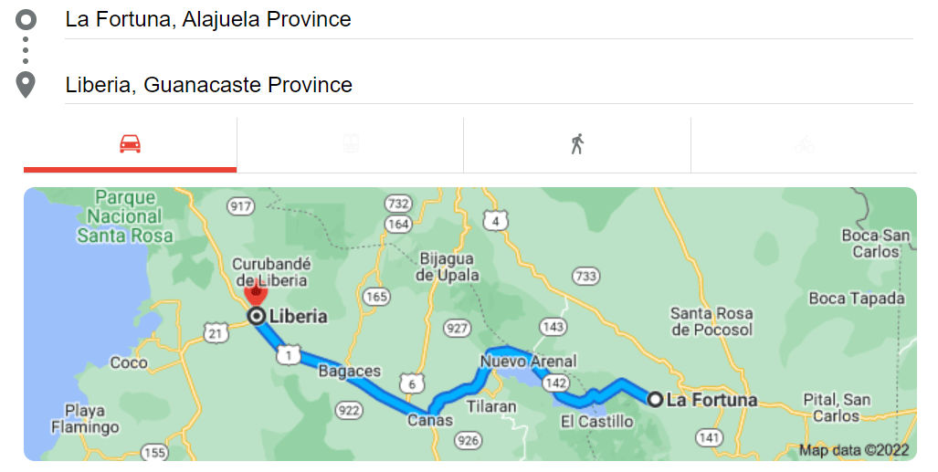 Map to get from La Fortuna to Liberia in Costa Rica