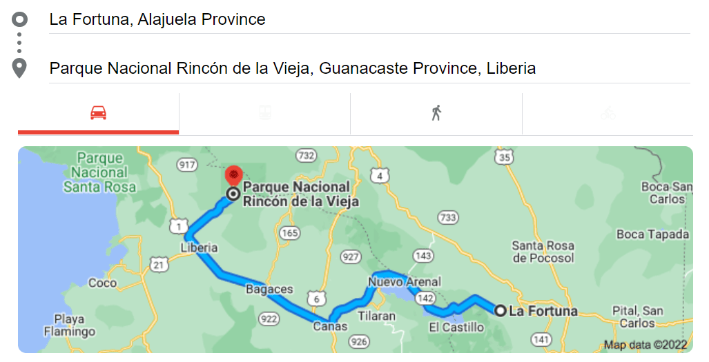 Map to get from La Fortuna to Rincon de la Vieja