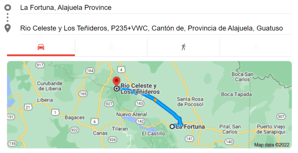 Map to get from La Fortuna to Rio Celeste in Costa Rica
