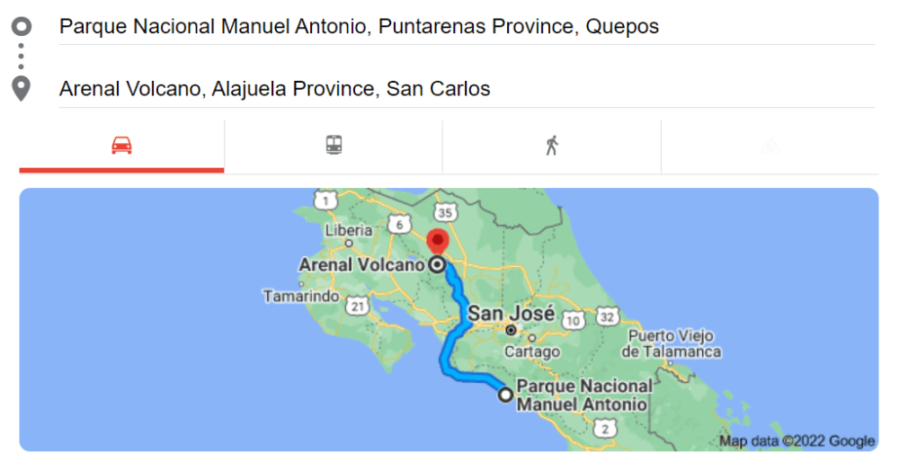 Map to get from Manuel Antonio to Arenal in Costa Rica