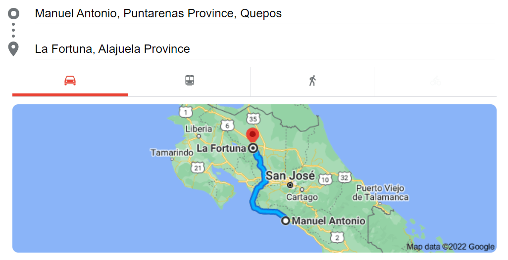 Map to get from Manuel Antonio to La Fortuna in Costa Rica