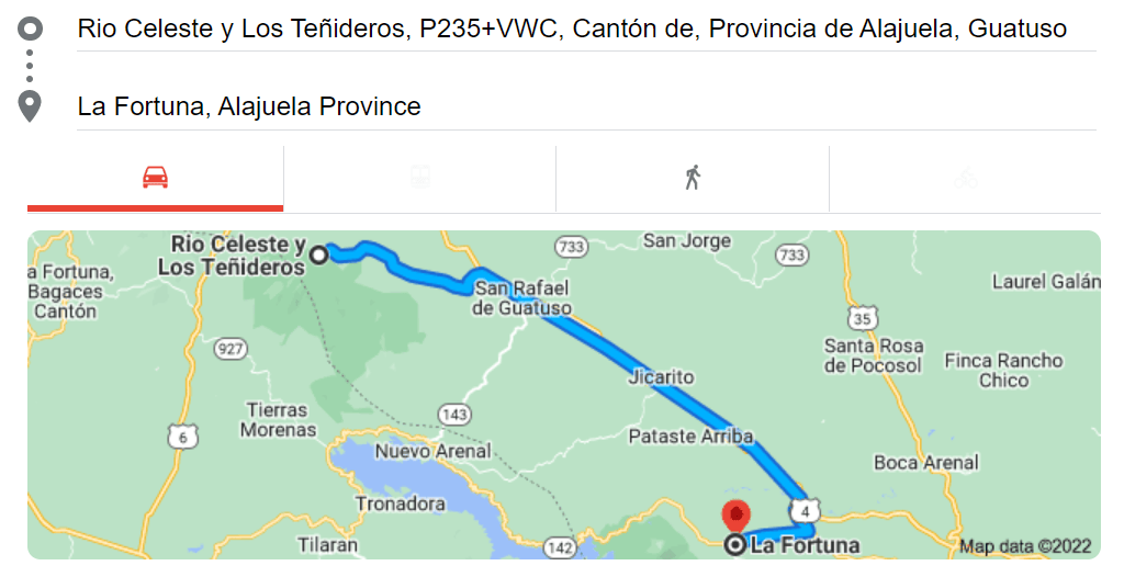 Map to get from Rio Celeste to La Fortuna in Costa Rica