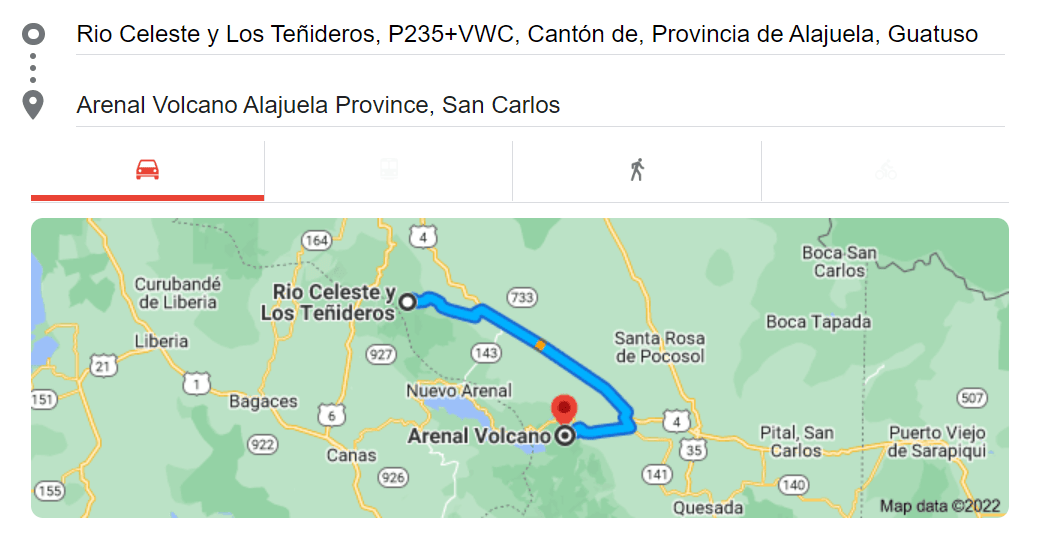 Map to get from Rio Celeste to Arenal in Costa Rica