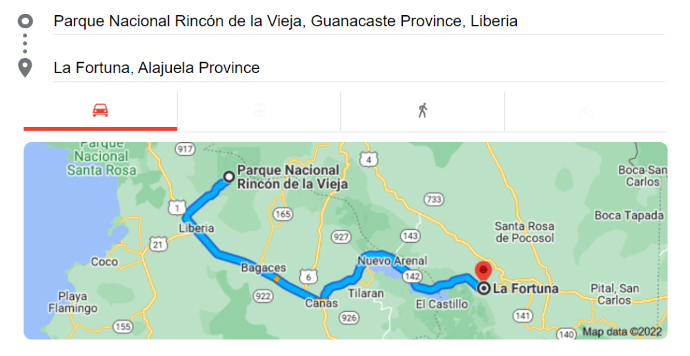 Map to get from Rincon de la Vieja to La Fortuna in Costa Rica
