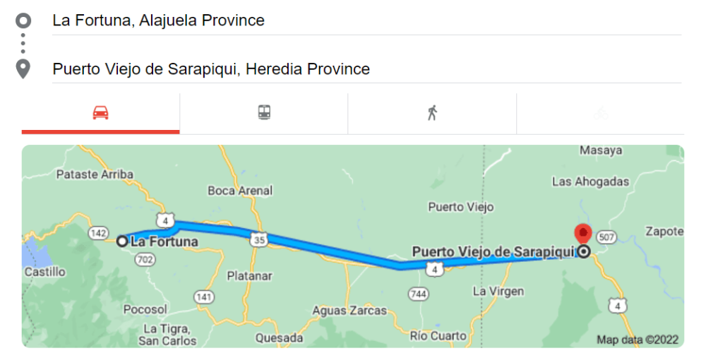 Map to get from La Fortuna to Sarapiqui in Costa Rica