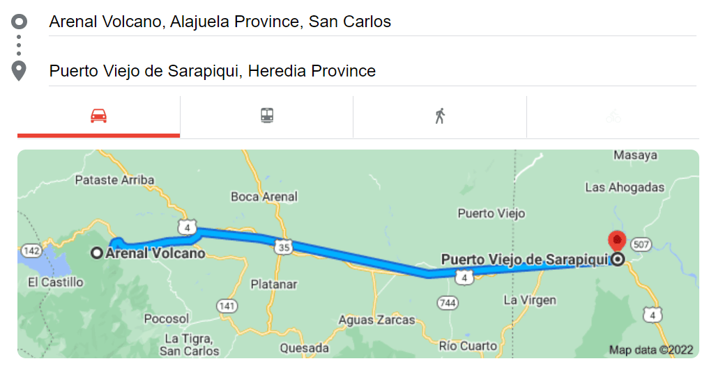 Map to get from Arenal to Sarapiqui in Costa Rica