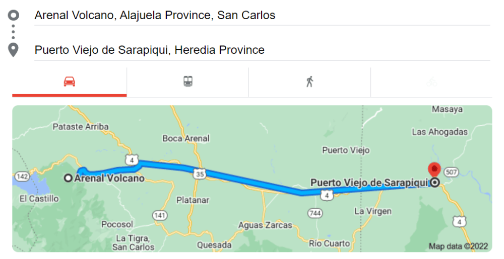 Map to get from Arenal to Sarapiqui in Costa Rica
