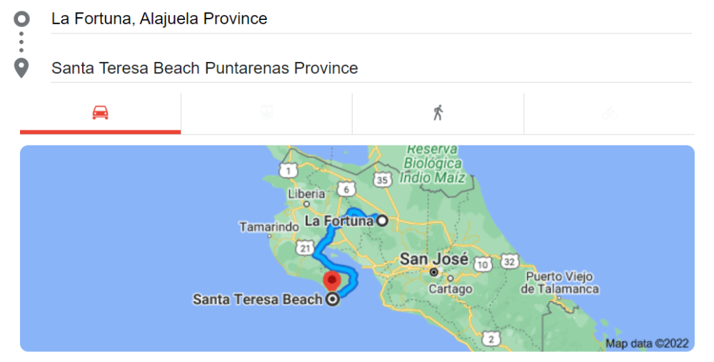 Map to get from La Fortuna to Santa Teresa