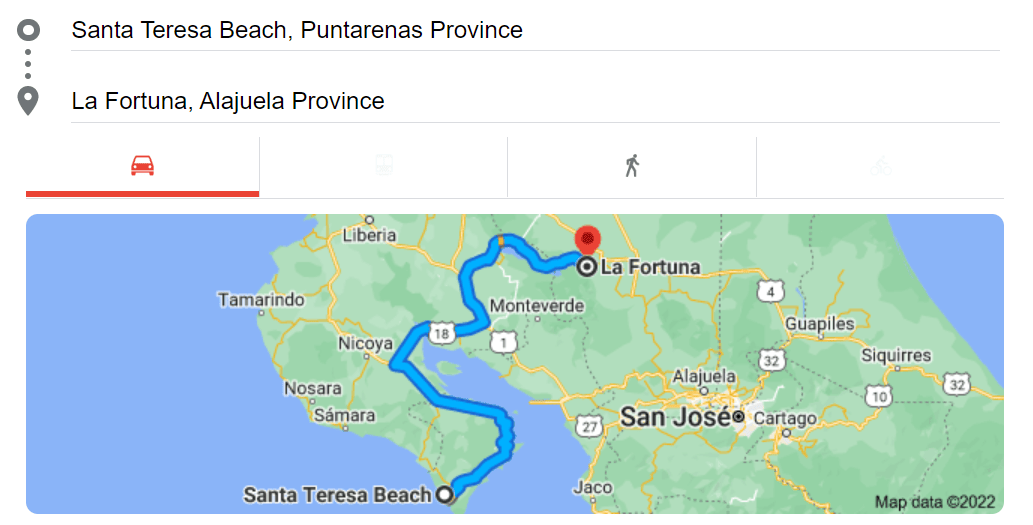 Map to get from Santa Teresa to La Fortuna