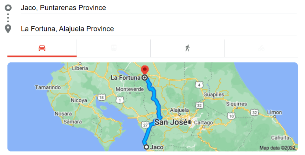 Map to get from Jaco to La Fortuna
