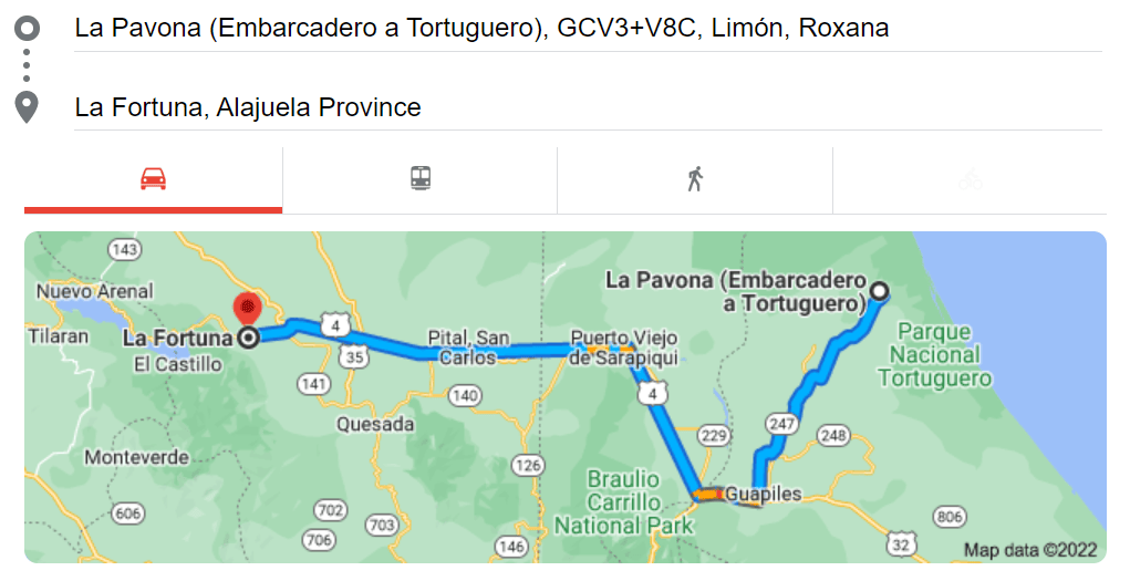 Map to get from Tortuguero to La Fortuna